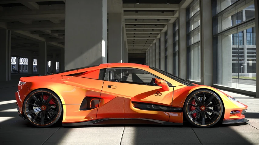 an orange sports car parked in a building, a 3D render, cgsociety contest winner, ((octane render)), side angle, orange halo, red shift render