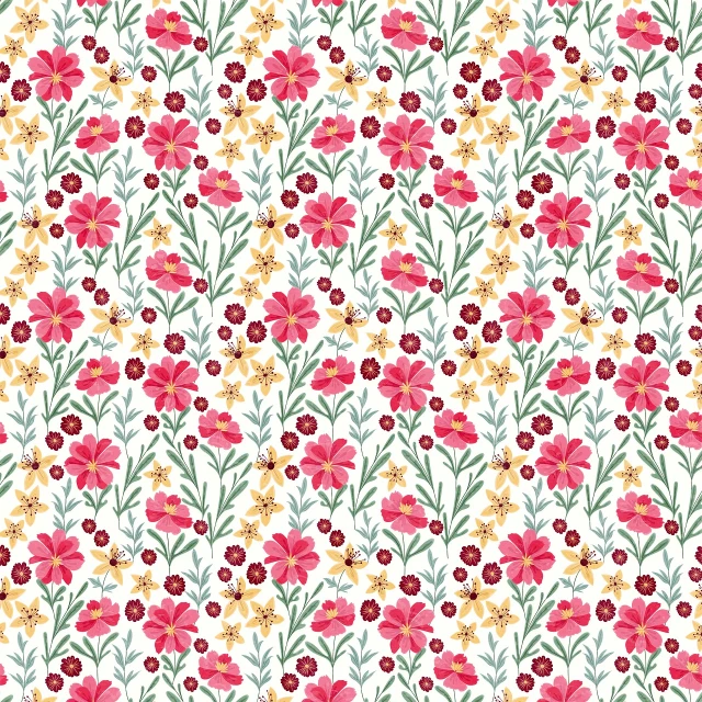 a red and yellow flower pattern on a white background, inspired by William Morris, naive art, field of pink flowers, miniature cosmos, boissb - blanca. j, no watermarks