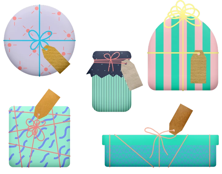 a bunch of wrapped presents on a black background, concept art, by Anna Findlay, trending on pixabay, conceptual art, rounded corners, flat pastel colors, : 5 stylish, cut and paste collage