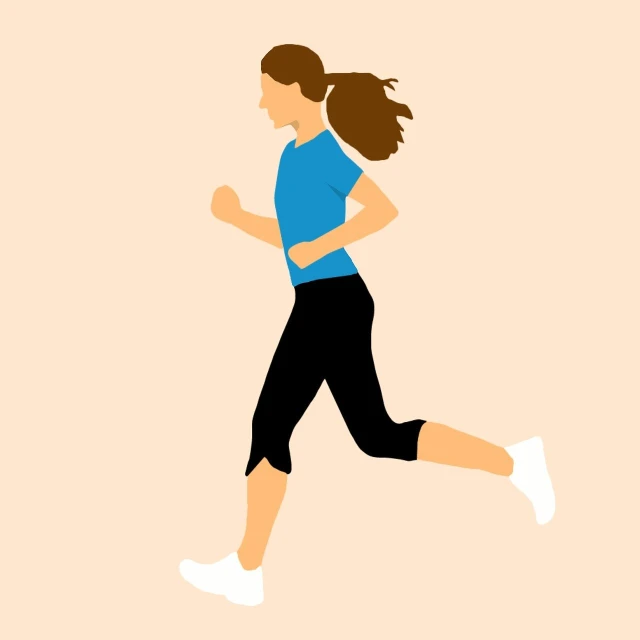 a woman running in a blue shirt and black pants, an illustration of, figuration libre, simple and clean illustration, shoulder-length brown hair, sports clothing, wikihow illustration