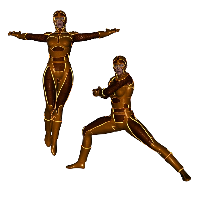 a couple of people that are standing in the dark, digital art, golden and copper armor, dynamic active running pose, as a retro futuristic heroine, glowing thing wires