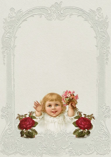 a picture of a little girl with flowers in her hair, inspired by Margaret Brundage, art nouveau, full view blank background, roses background, he is very happy, high resolution details