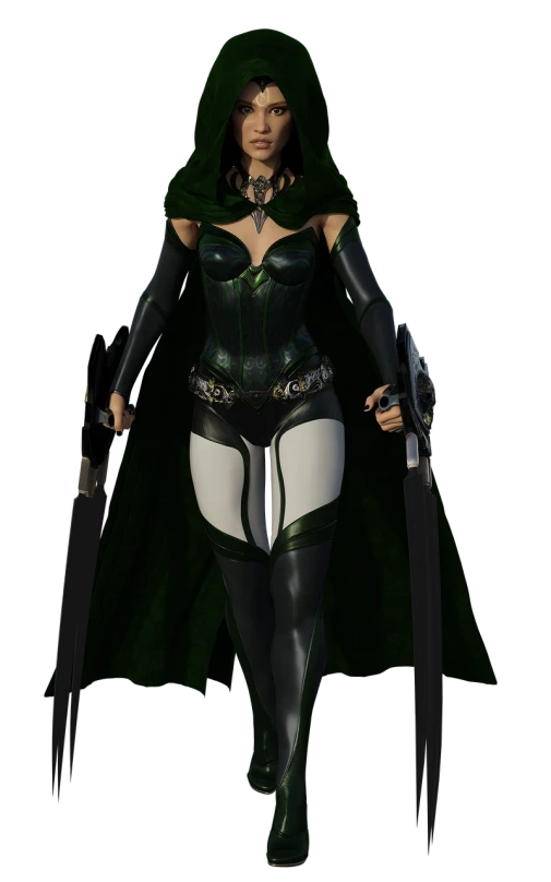 a woman in a black and green outfit holding two swords, a 3D render, inspired by Barclay Shaw, cassandra cain in satin, high res render, tifa, with cape