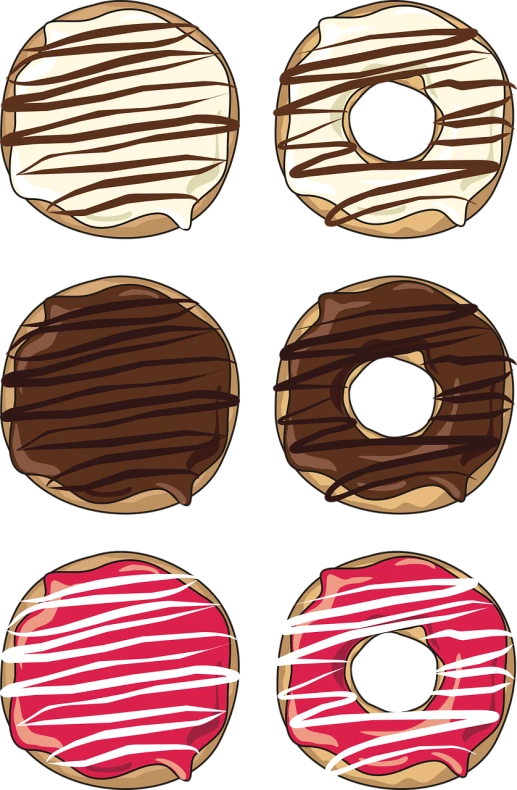 four different types of donuts on a black background, a digital rendering, inspired by Joris van der Haagen, tumblr, pop art, red and brown color scheme, clipart, chocolate, screen cap