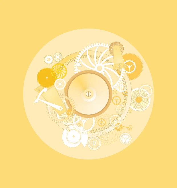 a clock surrounded by gears and gears on a yellow background, an illustration of, inspired by Marcel Duchamp, blurry and dreamy illustration, inner ring, white machinery, gong