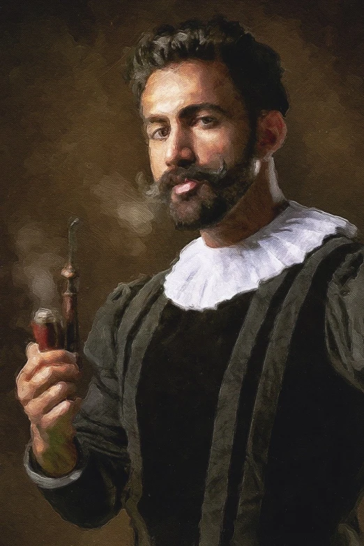 a painting of a man smoking a pipe, inspired by Bernardo Strozzi, featured on Artstation, renaissance, holding a two - handed sword, renaissance digital painting, in the painting style of renoir, young spanish man