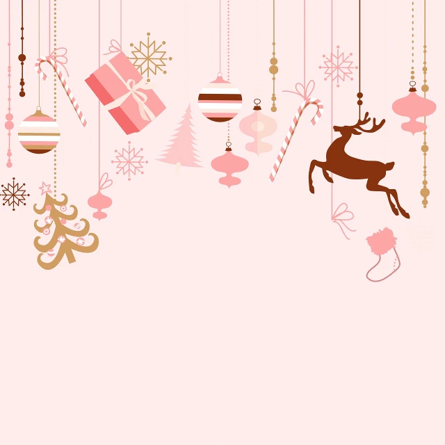 a christmas card with ornaments hanging from the ceiling, inspired by Rudolph F. Ingerle, conceptual art, with soft pink colors, background image, chocolate, elevation