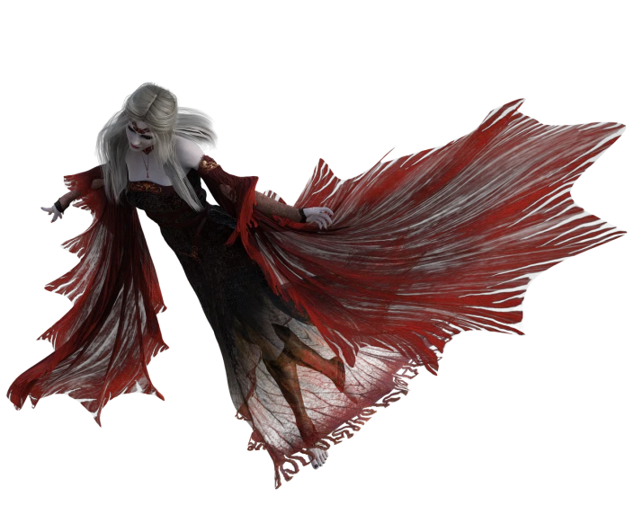 a woman in a red dress flying through the air, a 3D render, inspired by Ann Thetis Blacker, gothic art, dante from devil may cry 2 0 0 1, in a cloak with long hairs, marvelous designer, hauntingly beautiful zombie