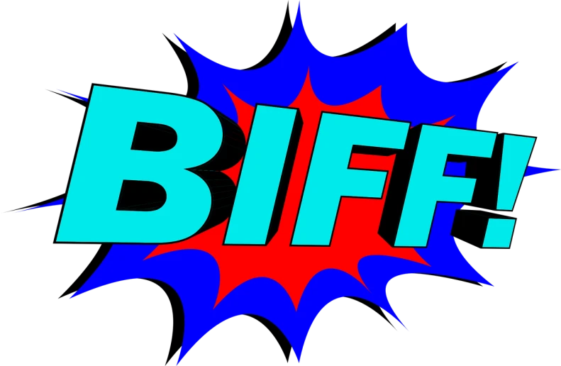 a blue and red logo with the word biff, a stock photo, flickr, furaffinity!!!!, cartoon network stillframe, i_5589.jpeg, trending on fiverr