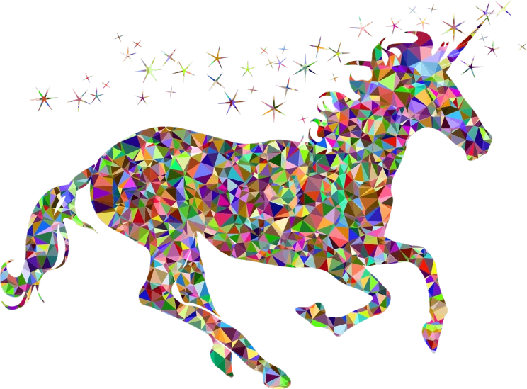 a close up of a unicorn on a black background, a mosaic, inspired by Gino Severini, pixabay contest winner, crystal cubism, colorful stars, horse is running, crystallized human silhouette, fantasy sticker illustration