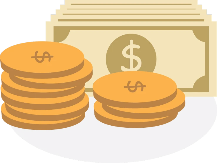 a stack of coins next to a stack of money, a digital rendering, by Matt Cavotta, pixabay, naive art, simple 2d flat design, wikihow illustration, dollars in pocket, cartoon style illustration