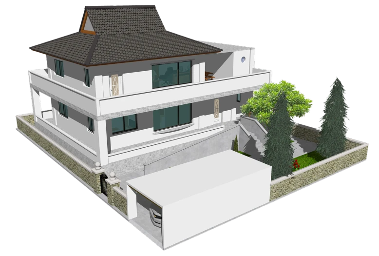 a house with a car parked in front of it, a 3D render, tumblr, realism, asian hyperdetailed, inter dimensional villa, arsitektur nusantara, above side view