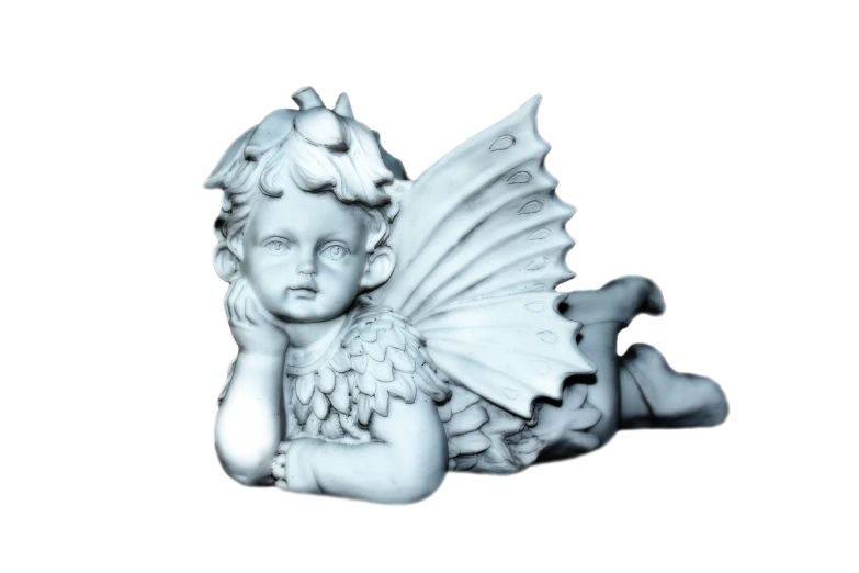 a close up of a statue of a child, an ambient occlusion render, inspired by Margaret Brundage, small fairies, lying down, miniature product photo, joe gb fenton