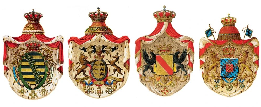 a group of four coats of arms hanging on a wall, an illustration of, by Georg Scholz, ((oversaturated)), front and side view, the crown is very high, listing image
