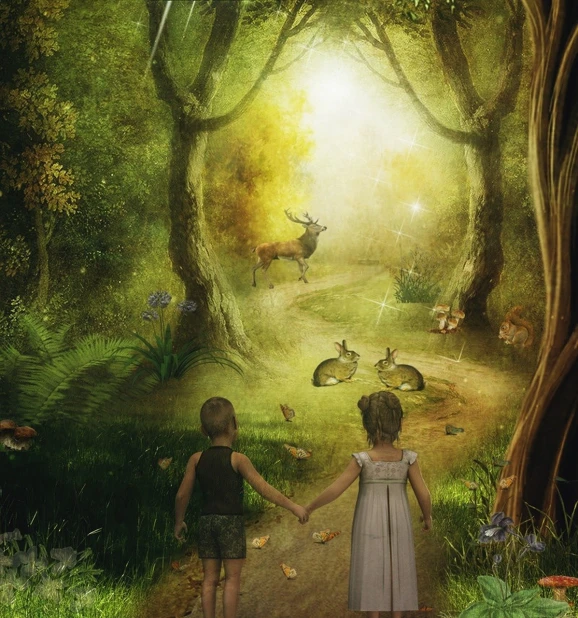 a couple of kids that are standing in the grass, a storybook illustration, inspired by Tom Chambers, fantasy art, in picturesque forest diorama, deers, forest path, [[fantasy]]