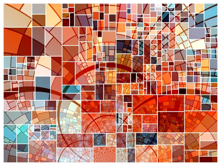 a bunch of different colored squares on a white background, a mosaic, inspired by Hans Baluschek, shutterstock, geometric abstract art, fiery palette, expansive detailed layered city, geometric curves, with fractal sunlight