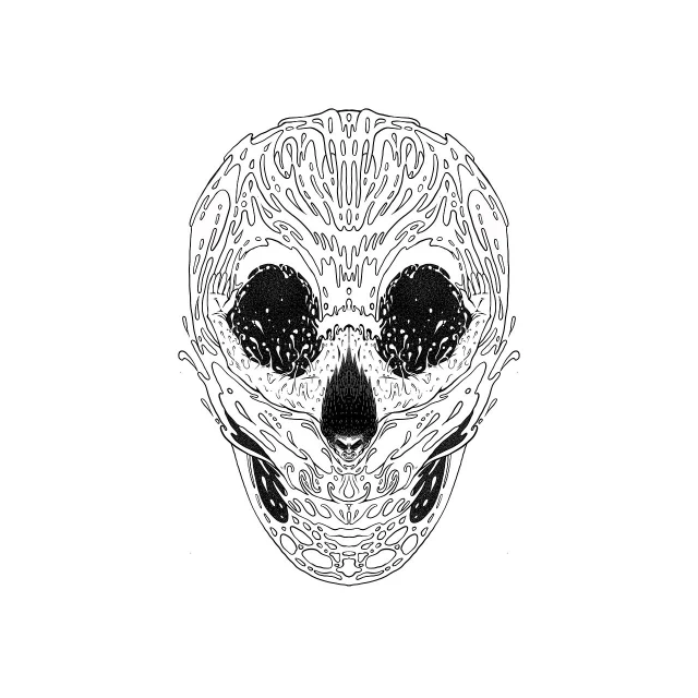 a black and white drawing of a skull, a detailed drawing, minimalism, neural pointillism, rorsach path traced, symmetry illustration, center view