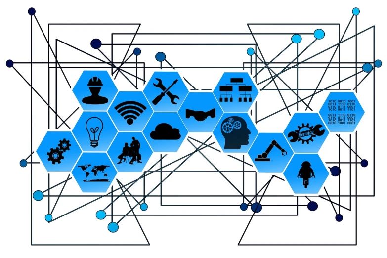 a bunch of icons that are connected to each other, a diagram, pixabay, constructivism, darpa, blue - print, 2040, cellular