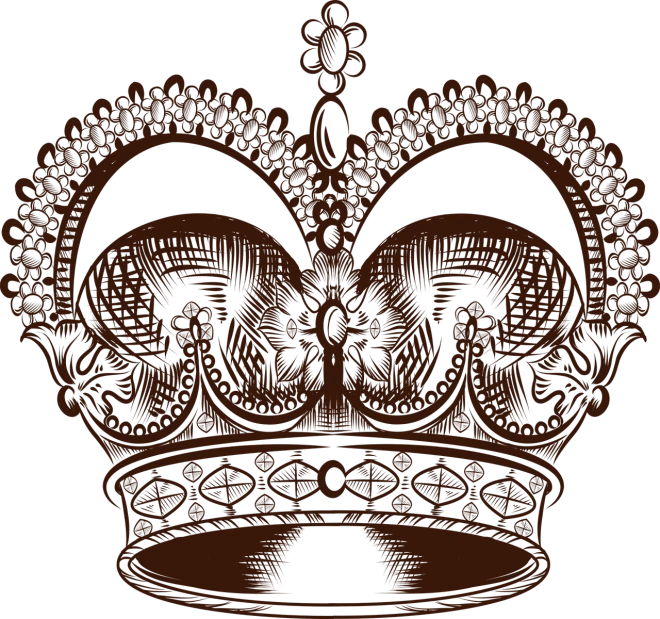 a drawing of a crown on a black background, a digital rendering, inspired by Francis Focer Brown, baroque, chocolate. intricate background, intricate details illustration, woodcut style, not cropped