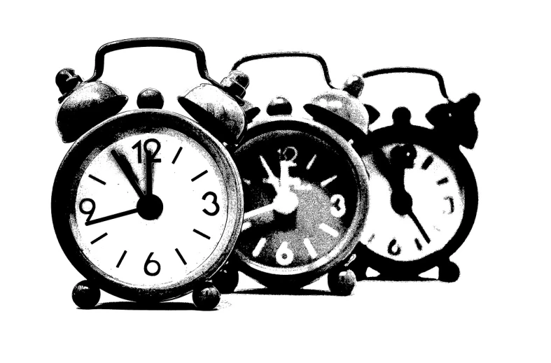a group of three alarm clocks sitting next to each other, by Paul Davis, precisionism, black and white illustration, file photo, time traveler, seinen