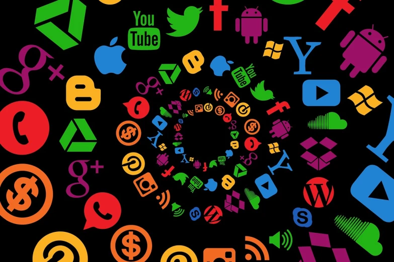 a circle of colorful social icons on a black background, trending on pixabay, digital art, twisting, phone photo, ad image, 19 century