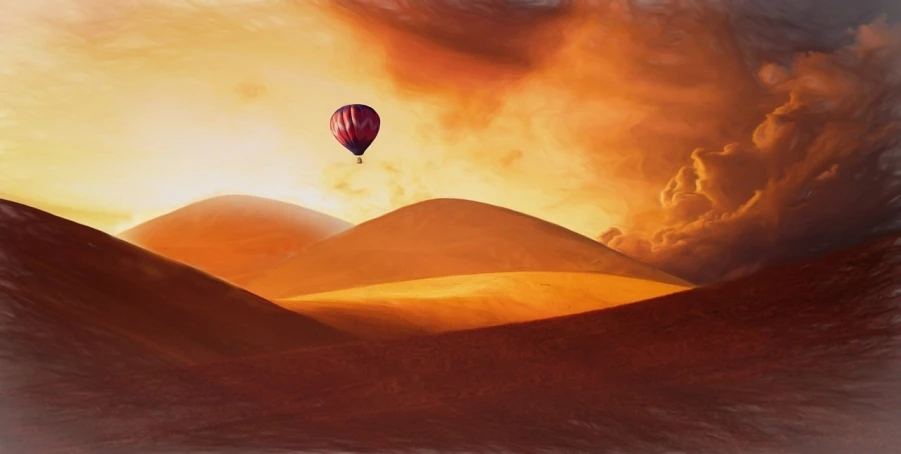 a hot air balloon flying through a cloudy sky, a digital painting, inspired by Vladimir Kush, desert dunes, landscape photo, burning red desert horizon, digital paintin