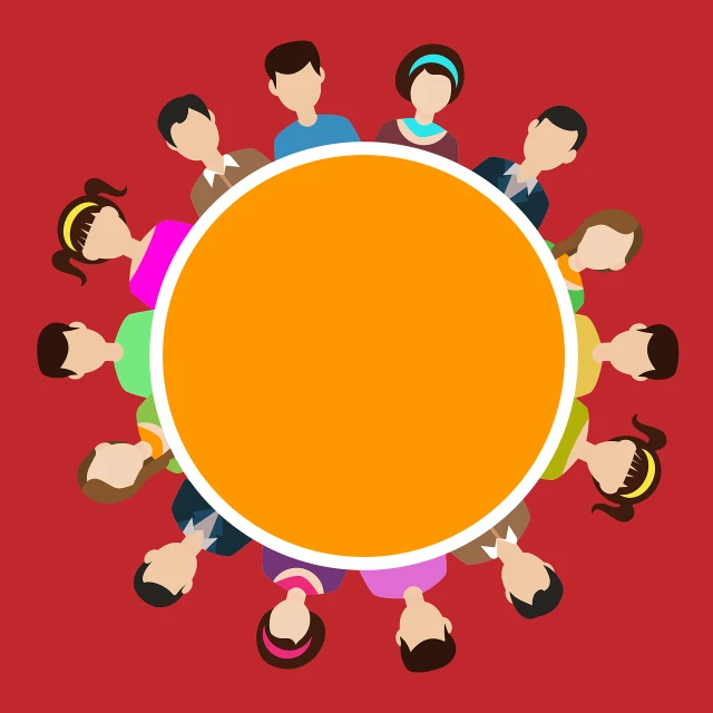 a group of people holding hands around a circle, an illustration of, orange background, long table, colorful flat design, round head