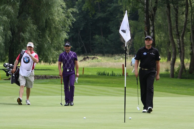 a couple of men standing on top of a green golf course, inspired by Sven Nordqvist, flickr, cobra, launching a straight ball, flag, start of the match, ivan shishkin and greg rutkowski