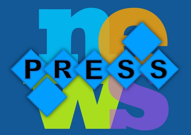 the words press ws on a blue background, a digital rendering, by Pamela Drew, pixabay, private press, front cover of a new video game, news broadcast, neoexpressionist, colorful”