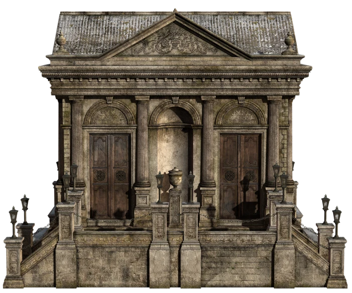 a close up of a building on a black background, a detailed matte painting, renaissance, roman bath, high res render, small stature, mythical shrine