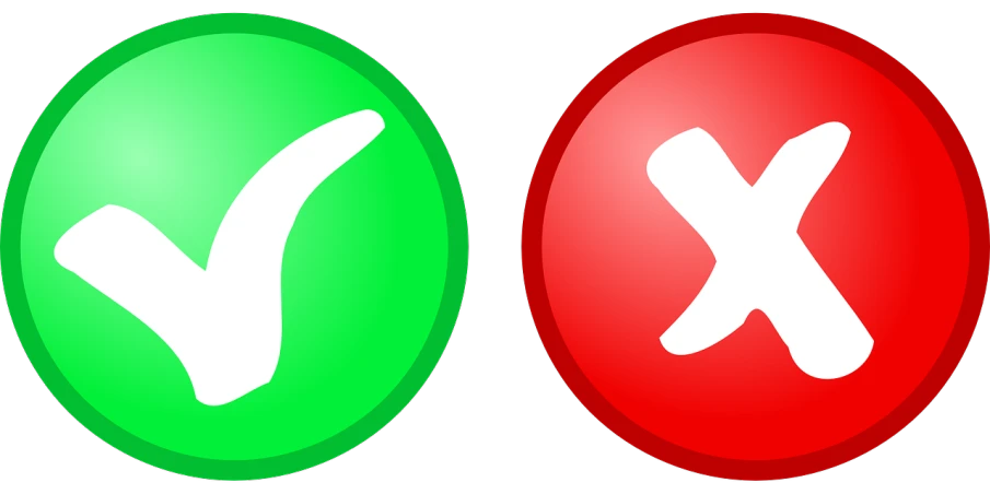 a green and red button with a tick and cross mark, digital art, pixabay, digital art, left right front back, nighttime!!, soaring, italian