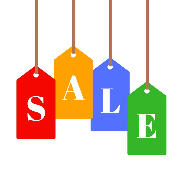 a group of colorful sale tags hanging from strings, trending on pixabay, simple illustration, ebay photo, four, word