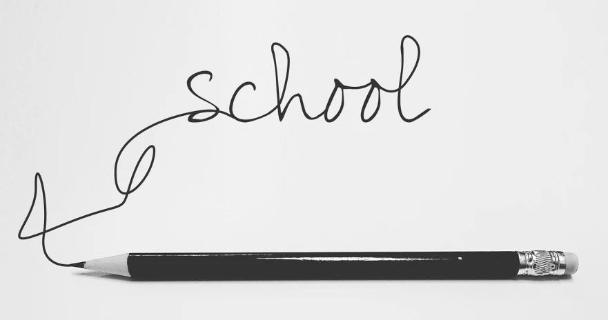 a pencil with the word school written on it, by Ivana Kobilca, trending on pixabay, paris school, minimalist line drawing, whiteboards, - signature, shot on leica sl2