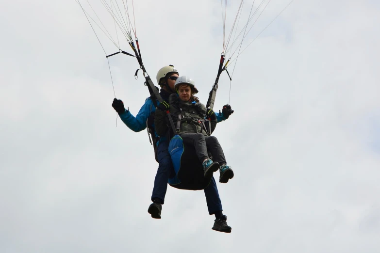 a man flying through the air while holding onto a parachute, a picture, by Alison Watt, shutterstock, couple, back towards camera, wearing a flying jacket, 2 0 2 2 photo