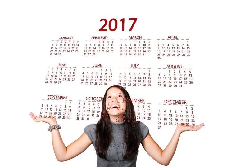 a woman holding her hands up in front of a calendar, by Whitney Sherman, shutterstock, 2 0 1 7, very silly looking, isolated on white background, showing forehead
