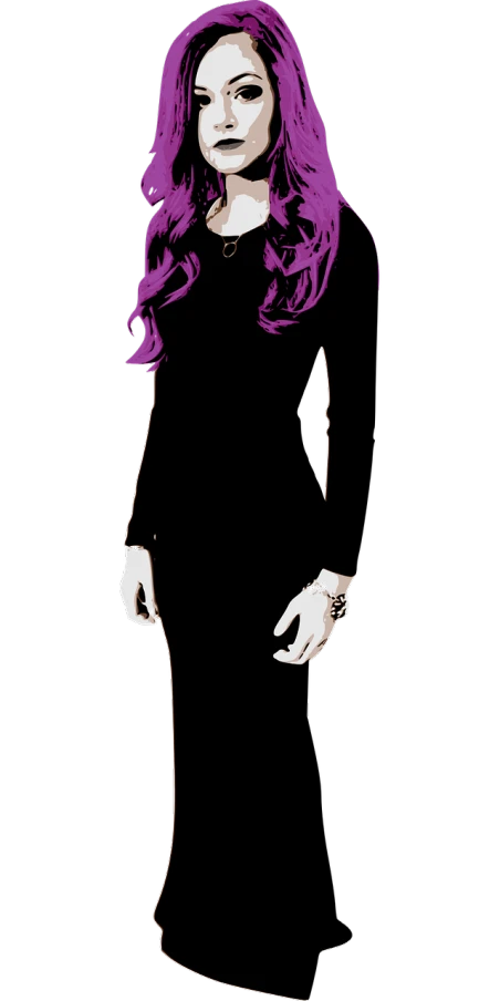 a woman with purple hair in a black dress, a digital rendering, pop art, ((oversaturated)), black tie, full-body view, rotoscope