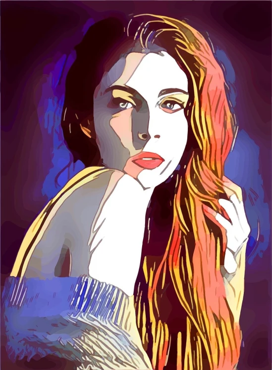 a painting of a woman with long hair, vector art, pop art, posterized color, art nouveaux colored, color-key painting, edited