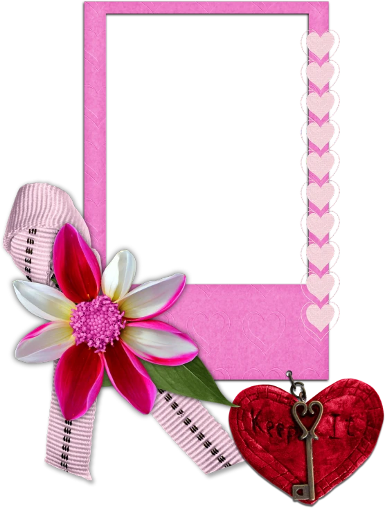 a picture frame with a heart and a flower, inspired by Lucette Barker, pink accents, kdp, looking from side!, ribbons and flowers