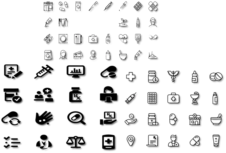a bunch of white icons on a black background, a screenshot, by Attila Meszlenyi, digital art, with small object details, medicine, no textures, pixel sorted
