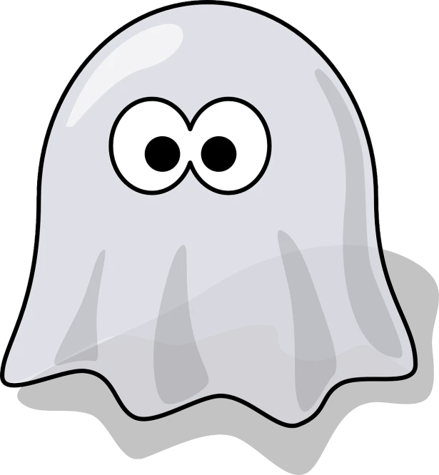 a cartoon ghost with googly eyes, a cartoon, pixabay, cowl, floating ghost, blob anime, shiny silver
