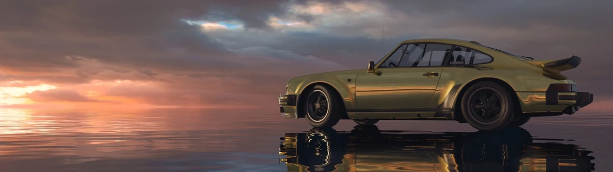 a yellow car sitting on top of a body of water, a 3D render, inspired by Mike Winkelmann, polycount contest winner, photorealism, wet metal reflections, golden hour scene, immensely detailed scene, chrome reflections