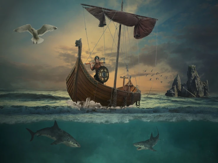 a man riding on top of a boat in the ocean, pixabay contest winner, fantasy art, messi as a viking, [[fantasy]], photoshop, fishing boat