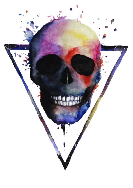 a watercolor painting of a skull in a triangle, a portrait, tumblr, mobile wallpaper, dark vibrant colors, death is swallowed up in victory, smiles and colors