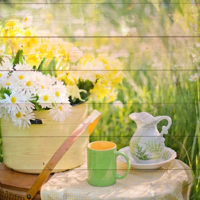 a vase of flowers sitting on top of a table, a picture, by Igor Grabar, shutterstock, watering can, wooden fence, green and yellow tones, tea