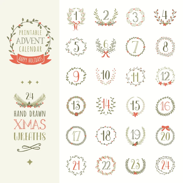 a set of twelve hand drawn christmas wreaths, shutterstock, naive art, kanji insignia and numbering, female calendar, adorable and whimsical, 24k