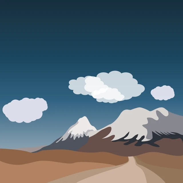 a picture of a desert with mountains in the background, inspired by Emiliano Ponzi, shutterstock, mingei, flat vector art background, with clouds in the sky, dark atmosphere illustration, snowy mountain background