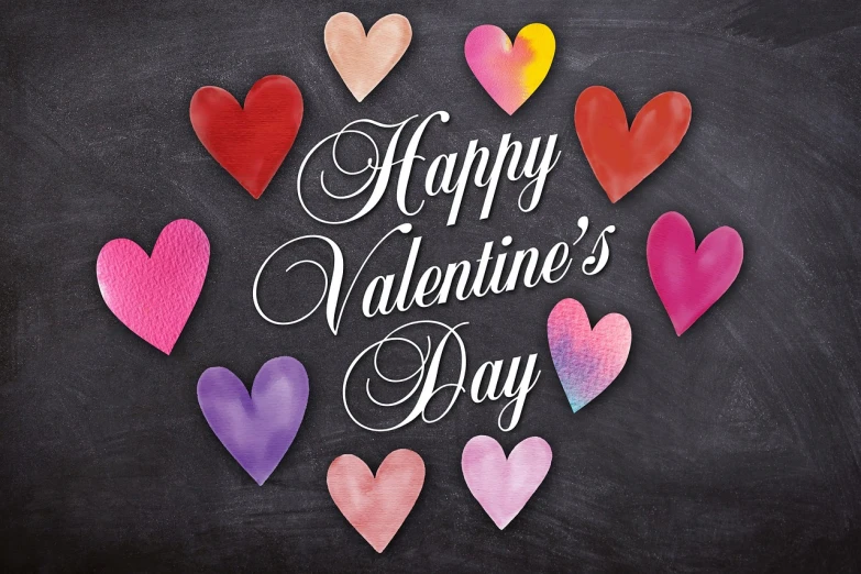 a blackboard with hearts and the words happy valentine's day written on it, a picture, by Valentine Hugo, shutterstock, tim hildebrant, several hearts, card, background image