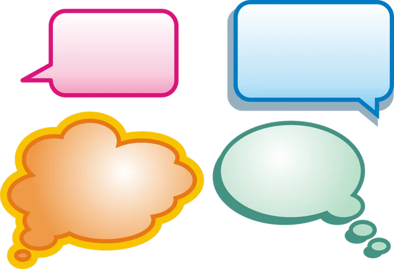 four different colored speech bubbles on a white background, a comic book panel, inspired by Masamitsu Ōta, flickr, computer art, bird's eye, pink, pictogram, balloon