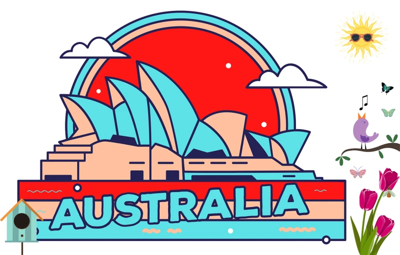 a sign that says australia with a picture of the sydney opera house, an illustration of, shutterstock, international typographic style, flat color and line, fantasy sticker illustration, boat, colorful illustration