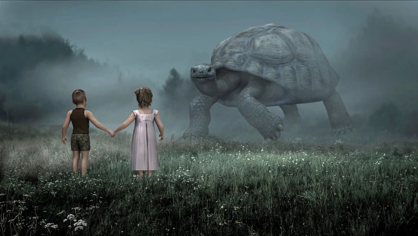 two children holding hands in front of a giant turtle, a detailed matte painting, inspired by Richard Doyle, magic realism, finalrender, princess in foreground, compositing, photoshop render